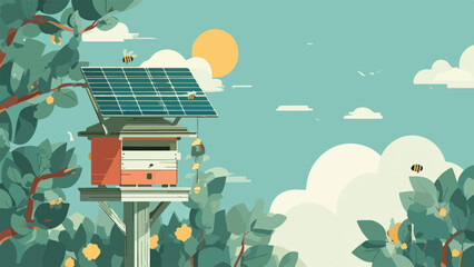 A hive and solar panel structure is situated among lush green trees under a bright sun and blue sky
