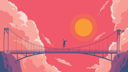 Lone figure celebrates on a suspension bridge against a vibrant sunset and clouds