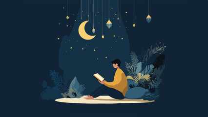 A person sits reading a book under a crescent moon and starry night sky
