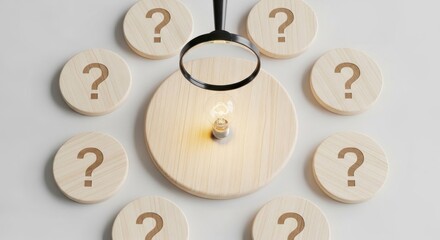 Wooden question marks encircling a central illuminated idea, viewed through a magnifying glass