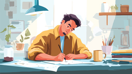 An artist meticulously sketches on paper under a desk lamp, surrounded by art supplies