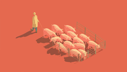 Farmer herding pink pigs into a pen with a shadow cast by the sun