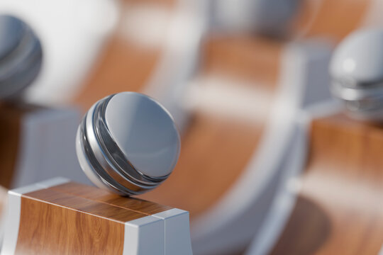3D abstract shiny marbles on wooden bridge minimalist render