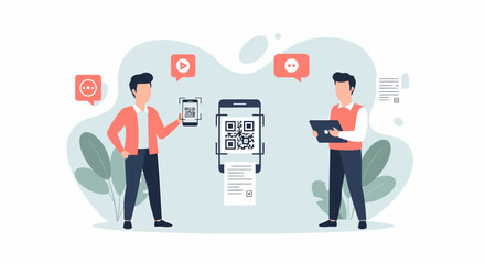 Two cartoon men interacting with a large smartphone displaying a QR code for digital payment or information access.