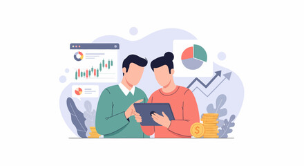 Two people analyzing financial data on a tablet device for business growth.