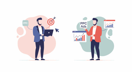 Two men engaged in digital marketing and business analytics activities.