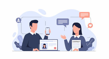 Two people communicating online through digital devices and social media.