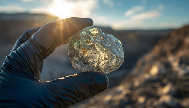Gloved hand holding large raw diamond in sunlight outdoors