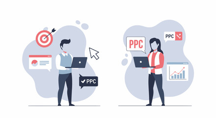 Two people working on PPC advertising campaigns using laptops and digital marketing tools.