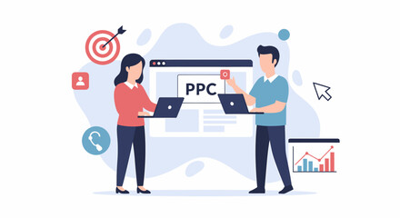 Two people working on PPC advertising campaign strategy with laptops.