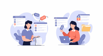 Two women managing digital data and files on computers.