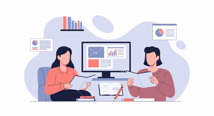 Two women collaborating on a business project with data analysis and digital tools.