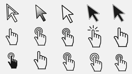 Set of computer mouse and hand clicking cursors for web and UI design.