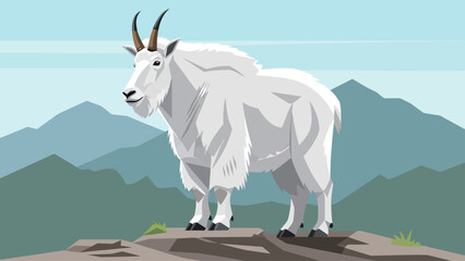 A majestic mountain goat stands proudly on a rocky outcrop with mountains in the background. © Kill