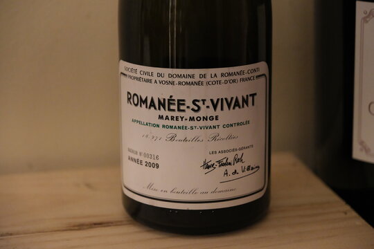 Paris,France-Oct.4th 2025: close-up of a 2009 Roman&eacute;e-St-Vivant wine label by Domaine de la Roman&eacute;e-Conti