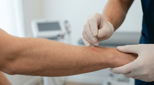 Physiotherapist performing dry needling on forearm extensor muscle for tennis elbow, faceless