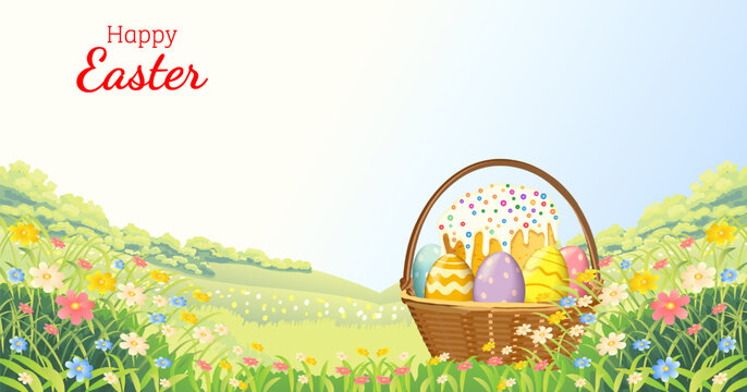Easter horizontal vector illustration with traditional cake and painted eggs in wicker basket on blooming spring field and copy space for text.