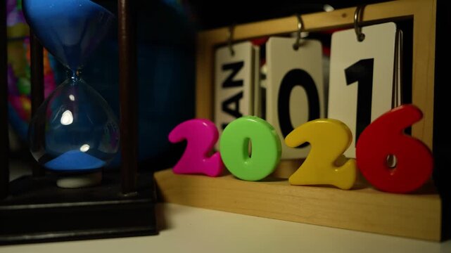 Colorful 2026 numbers with hourglass and jan 01 flip calendar