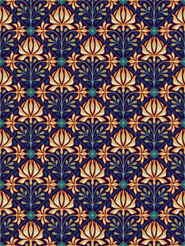 Seamless floral pattern texture or background with bouquet of bright decorative flowers surrounded by  foliage and buds. Vintage art nouveau style. Handmade drawing vector illustration.