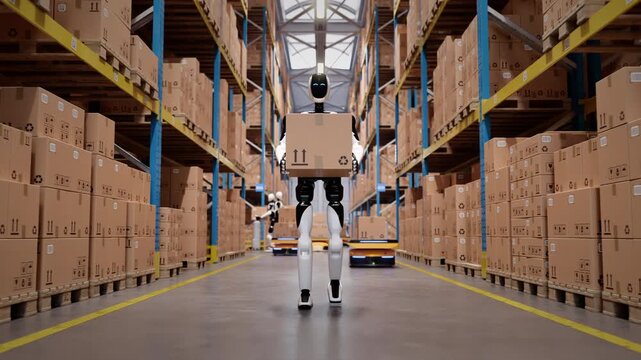 Wide shot of  AI-powered humanoid robot walking along aisle in automated distribution center carrying a cardboard box. Future of industrial warehouse automation and AI robotics. 3d animation rendering