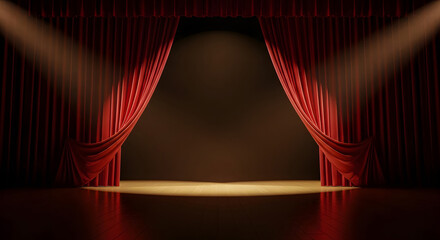 Red velvet stage curtains open with spotlight on wooden floor theater