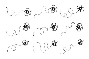 Cartoon Bee Flight Path Overlay Collection with Cheerful Flying Bees Featuring Dashed Motion Trails and Playful Expressions on White Background for Educational, Children’s, and Decorative Graphics © Tahmina