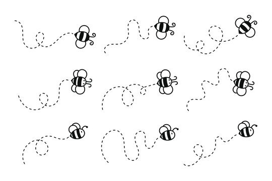 Cartoon Bee Flight Path Overlay Collection with Cheerful Flying Bees Featuring Dashed Motion Trails and Playful Expressions on White Background for Educational, Children&rsquo;s, and Decorative Graphics