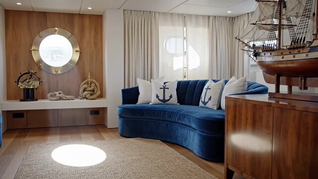 Video of cozy nautical themed living room with blue sofa.