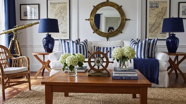 Video of cozy nautical style living room with ship wheel decor and blue accents.