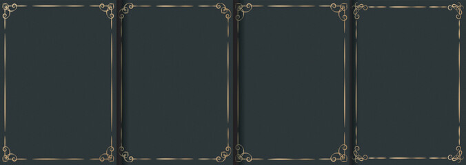 Fototapeta premium Golden Ornate Panel Overlay Collection with Vertical Decorative Borders Featuring Symmetrical Luxury Designs and Vintage Book Layout on Dark Background for Invitations, Certificates, and Elegant Graph