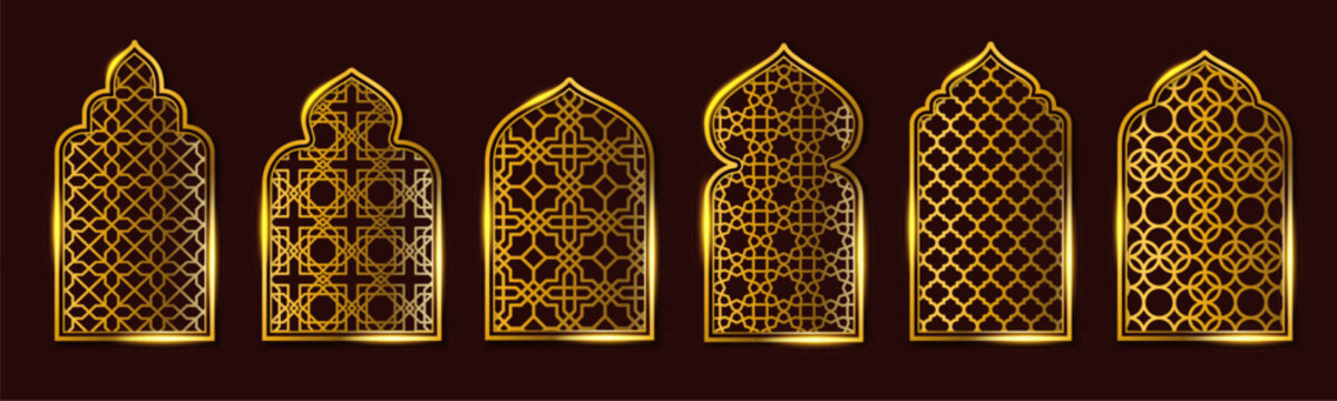 Golden Islamic Arch Overlay Collection with Ornate Geometric and Arabesque Patterns Featuring Pointed, Rounded, and Multi-Lobed Arches on Dark Background for Decorative, Architectural, and Luxury Grap