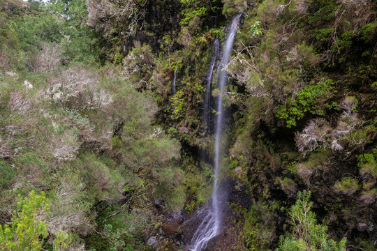Waterfall along the 25 Fontes and Risco footpath in Rabacal Madeira