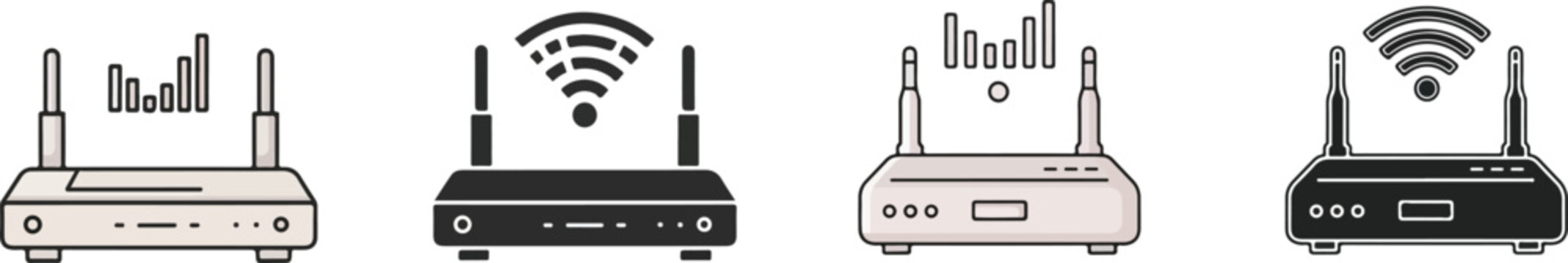 Black and white illustration of two wireless routers with wifi signals and antennas
