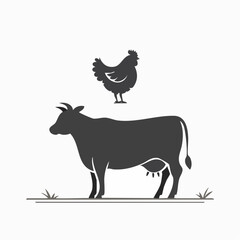 Fototapeta premium Farm animal vector illustration of cow and chicken in a simple landscape view
