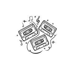 Minimalist continuous line art of vintage audio cassettes with musical notes, retro 90s aesthetic black and white illustration.