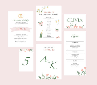 A set of wedding invitations in a whimsical style. Vector graphic templates