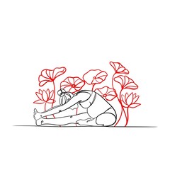 Minimalist continuous line art illustration of a pregnant woman practicing yoga with floral elements. Concept of motherhood, calm, balance