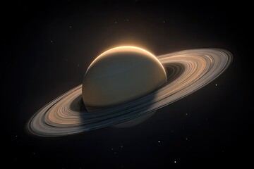 A celestial body with prominent rings floats in darkness. Stars glimmer behind the planet