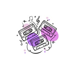 Minimalist continuous line art of vintage audio cassettes with musical notes and purple abstract shapes, retro 90s aesthetic illustration.