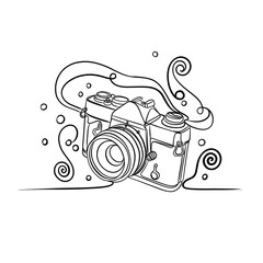Hand drawn camera illustration with abstract swirls, minimal black line art on white background, creative photography concept.