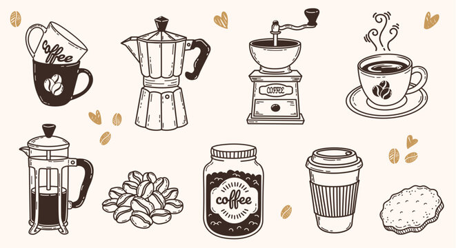 Coffee icons set, hand drawn doodle illustrations of moka pot, french press, coffee grinder, beans and cups. Vector cafe elements isolated on light background.