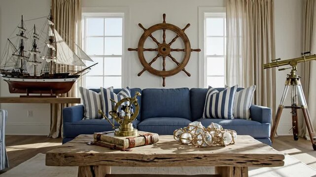 Video scene of a cozy nautical themed living room with ship wheel decor and blue seating.