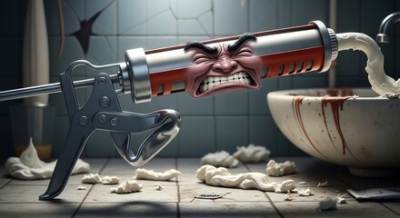 Angry Syringe with Face Dispensing Blood into Bowl.