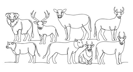 Continuous one line drawing of multiple wild animals, elegant black stroke, minimalist monochrome vector, white background, modern environmental awareness poster, simple artistic design