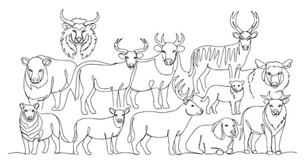 Continuous one line drawing of multiple wild animals, elegant black stroke, minimalist monochrome vector, white background, modern environmental awareness poster, simple artistic design