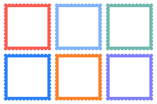 Set of s6 blank blank square frames with decorative wavy scalloped edges, arranged in 2 rows of 3 each. Vector illustration of templates for placing text, pictures, children's design.
