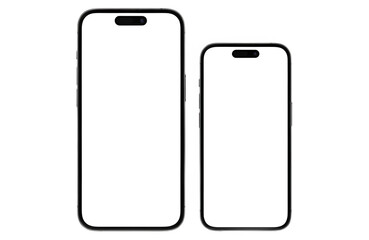Two modern smartphones with blank white screens for mobile app interface and website design presentation, Isolated on white background, png
