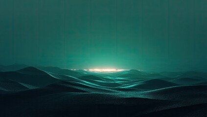 Teal-toned landscape with a glowing horizon, suggesting an alien world