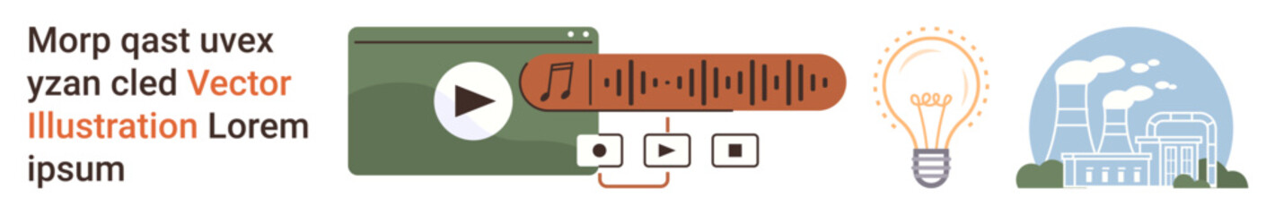 Digital media, innovation, energy, technology integration, data visualization, creativity. Play button, audio waveform light bulb cityscape with factory. Digital media and innovation blend