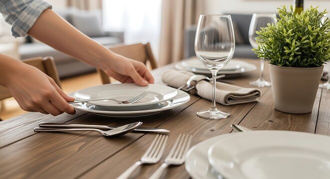 A person's hands carefully place a white ceramic plate onto a beautifully set wooden dining table in a cozy home.